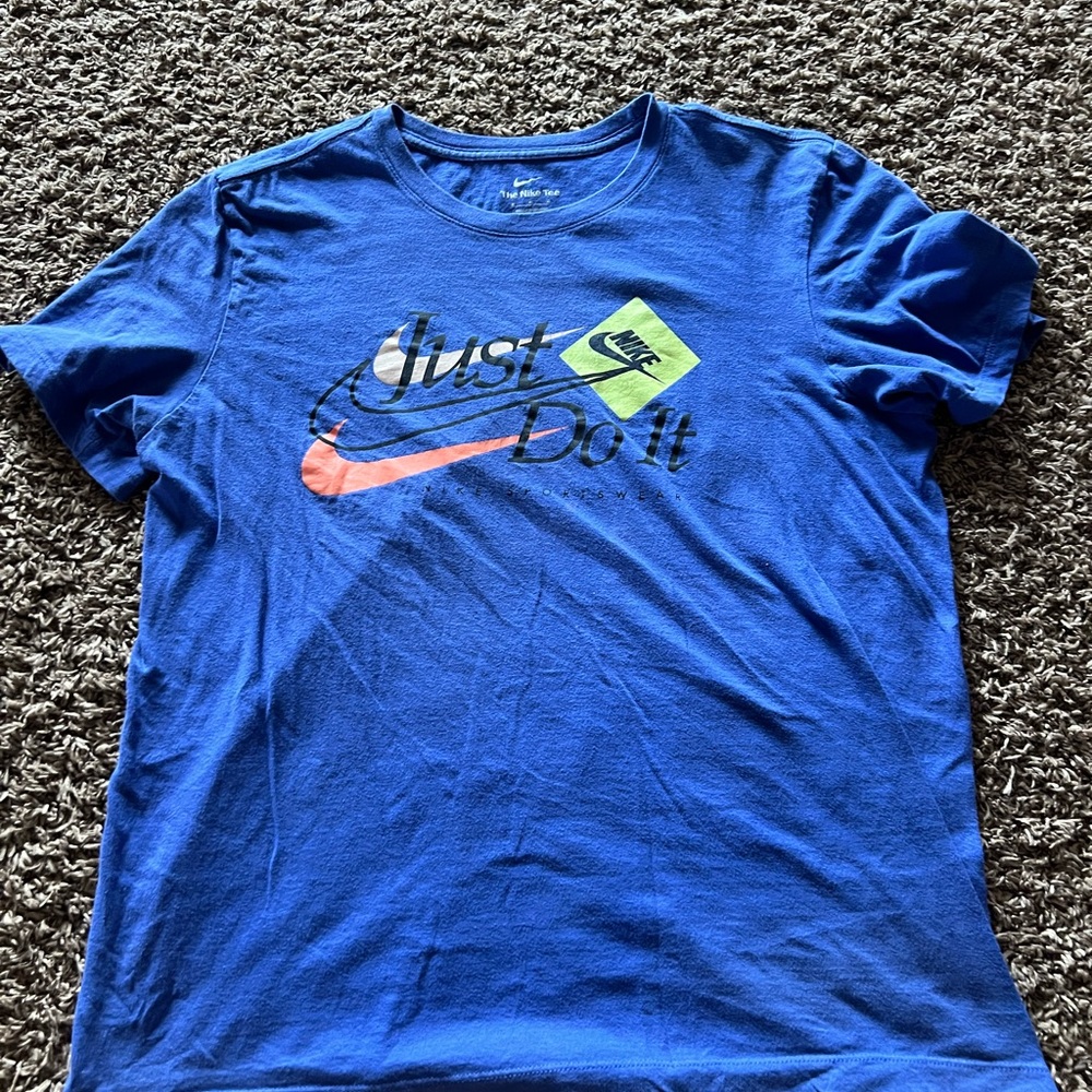 Nike Blue Graphic Tee with Orange Swoosh